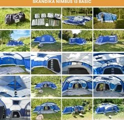 Skandika Nimbus Sleeper 12 Tent – Koepeltenten – 12 Persoons Familietent - Campingtent – Muggengaas – Sleeper Technology (3 Extra Donkere Slaapcabines) – 760 X 630 X 215 Cm (LxBxH) – 5000 Mm Waterkolom – Camping, Tuin – Kamperen – Blauw/wit -Buiten Reizen Winkel 1200x1162 1