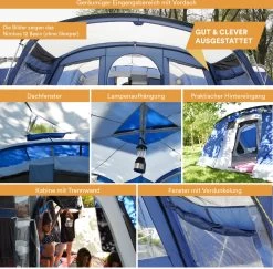 Skandika Nimbus Sleeper 12 Tent – Koepeltenten – 12 Persoons Familietent - Campingtent – Muggengaas – Sleeper Technology (3 Extra Donkere Slaapcabines) – 760 X 630 X 215 Cm (LxBxH) – 5000 Mm Waterkolom – Camping, Tuin – Kamperen – Blauw/wit -Buiten Reizen Winkel 1200x1182