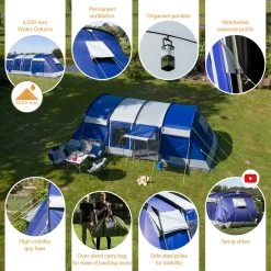 Skandika Montana 8 Sleeper Tent – Tunneltent – 8 Persoons Familietent - Campingtent – Sleeper Technology (2 Tot 4 Extra Donkere Slaapcabines) – Ingenaaide Tentvloer - Muggengaas – 700 X 310 X 200 Cm (LxBxH) – 5000mm Waterkolom – Kamperen – Blauw/wit -Buiten Reizen Winkel 1200x1199