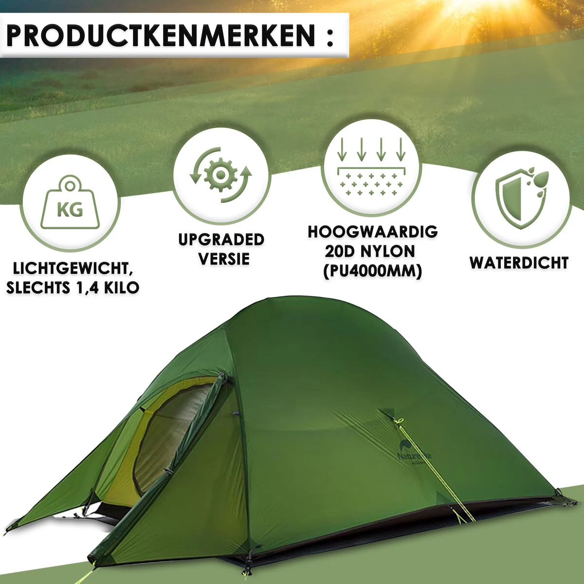 Naturehike® Cloud Up 2 Upgraded - 2 Persoons Tent - Lichtgewicht Tent - Incl. Grondzeil - 20D 4000MM - Outdoor - Waterdicht - Hiking & Wandelen 2 Naturehike® Cloud Up 2 Upgraded - 2 Persoons Tent - Lichtgewicht Tent - Incl. Grondzeil - 20D 4000MM - Outdoor - Waterdicht - Hiking & Wandelen - Afbeelding 2