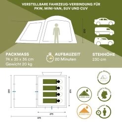 Skandika Pitea XL CROSS Tent – Koepeltenten - Autotent – Campingtent Voor SUV, Caddy, Auto, CUV - Voor Max. 4 Personen – Vrijstaand – Met/zonder Slaapcabine – Max. Stahoogte 230 Cm – 3000mm Waterkolom - 475 X 290 X 230 Cm (LxBxH) – Kamperen - Grijs -Buiten Reizen Winkel 1200x1200 125