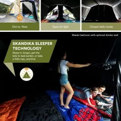 Skandika Montana 8 Sleeper Tent – Tunneltent – 8 Persoons Familietent - Campingtent – Sleeper Technology (2 Tot 4 Extra Donkere Slaapcabines) – Ingenaaide Tentvloer - Muggengaas – 700 X 310 X 200 Cm (LxBxH) – 5000mm Waterkolom – Kamperen – Blauw/wit -Buiten Reizen Winkel 1200x1200 31