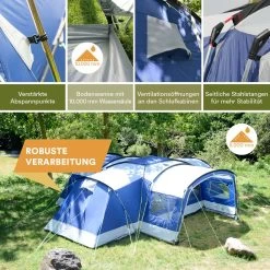 Skandika Nimbus Sleeper 12 Tent – Koepeltenten – 12 Persoons Familietent - Campingtent – Muggengaas – Sleeper Technology (3 Extra Donkere Slaapcabines) – 760 X 630 X 215 Cm (LxBxH) – 5000 Mm Waterkolom – Camping, Tuin – Kamperen – Blauw/wit -Buiten Reizen Winkel 1200x1200 95