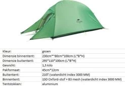 Cloud Up 1 Upgraded - Naturehike® - 1 Persoons Tent - Lichtgewicht Tent - Incl. Grondzeil - 210T 3000mm - Outdoor - Waterdicht - Hiking & Wandelen -Buiten Reizen Winkel 1200x830 1