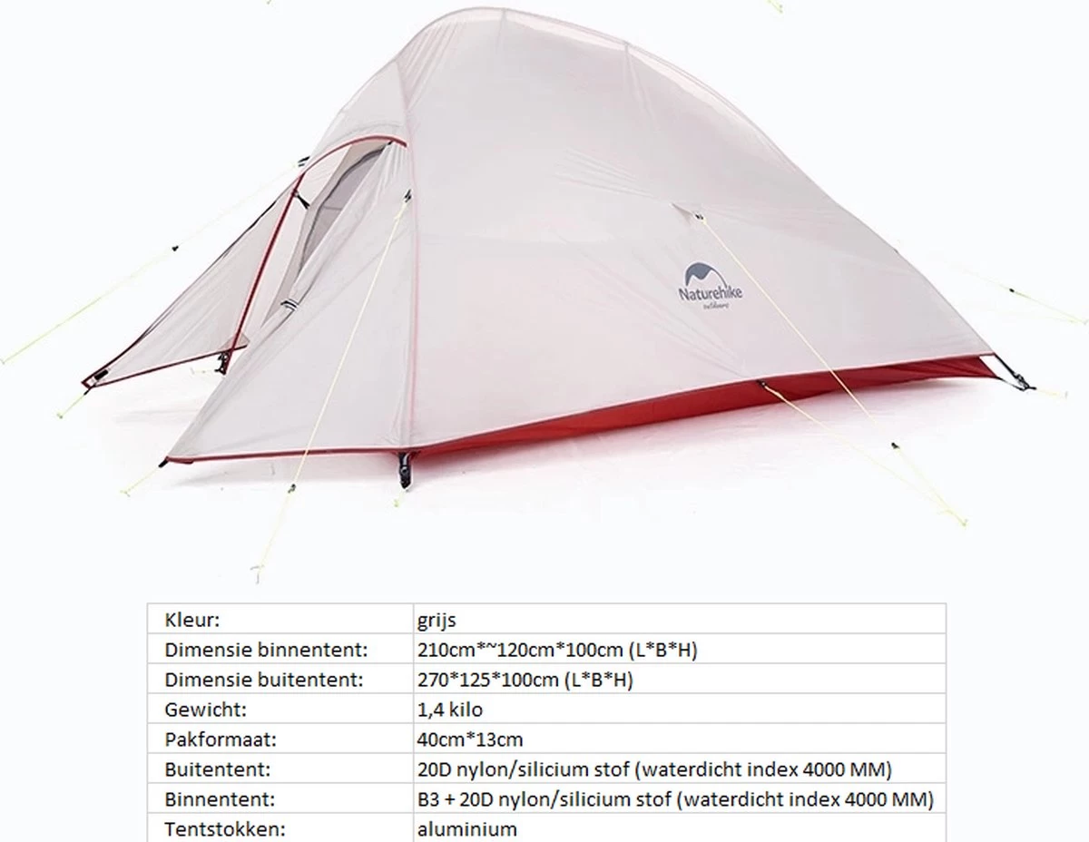 Naturehike® Cloud Up 2 Upgraded - 2 Persoons Tent - Lichtgewicht Tent - Incl. Grondzeil - 20D 4000MM - Outdoor - Waterdicht - Hiking & Wandelen 4 Naturehike® Cloud Up 2 Upgraded - 2 Persoons Tent - Lichtgewicht Tent - Incl. Grondzeil - 20D 4000MM - Outdoor - Waterdicht - Hiking & Wandelen - Afbeelding 4
