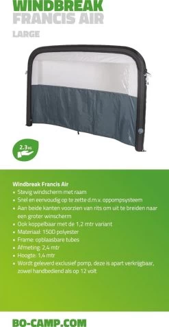 Bo-Camp - Windscherm (tent) - Francis - Air - 2.4 X 1.4 Meter - Grijs -Buiten Reizen Winkel 622x1200