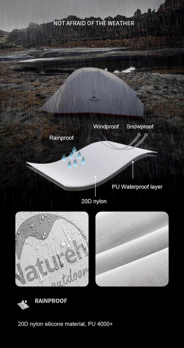 Cloud Up 2 Upgraded - 4 Seizoenen - Naturehike® - Tent 2 Persoons - Lichtgewicht Tent - Incl. Gratis Grondzeil - 20D 4000MM - Waterdicht - Winter & Sneeuw 4 Cloud Up 2 Upgraded - 4 Seizoenen - Naturehike® - Tent 2 Persoons - Lichtgewicht Tent - Incl. Gratis Grondzeil - 20D 4000MM - Waterdicht - Winter & Sneeuw - Afbeelding 4